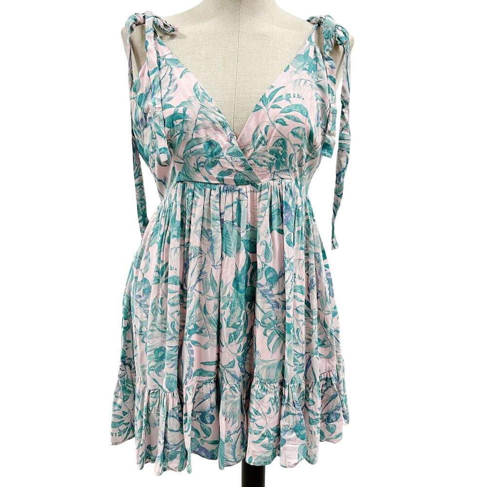 Olivaceous Womens Leaf Print V-Neck Tie Sleeve Pleated Fit & Flare Dress Large